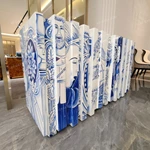 Artistic Blue-and-White Sideboard with Sculptural Layered Panels, Figurative Illustrations and Curved End Profile